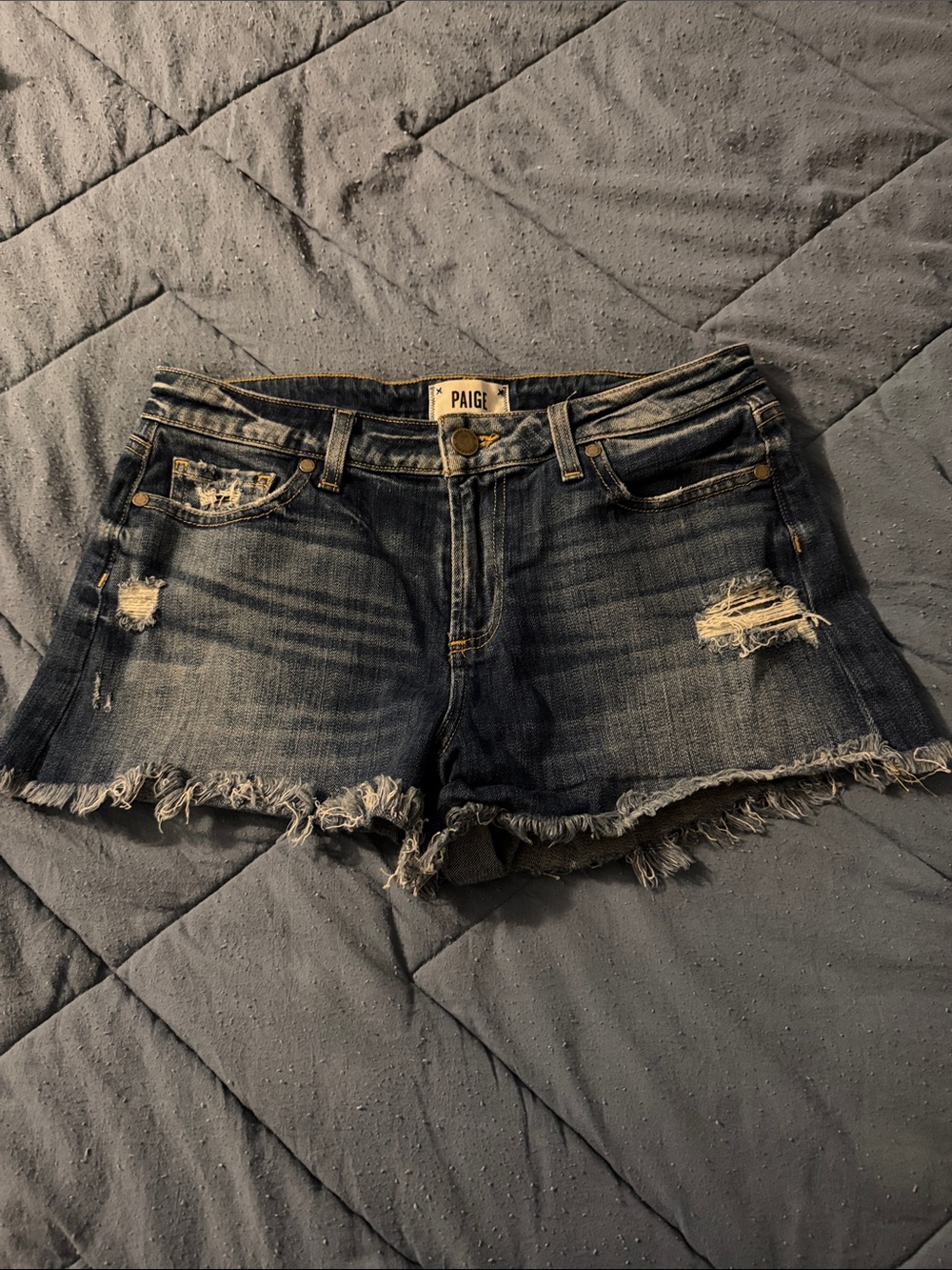 PAIGE Daryn Dark Blue Distressed Denim Cutoff Shorts
